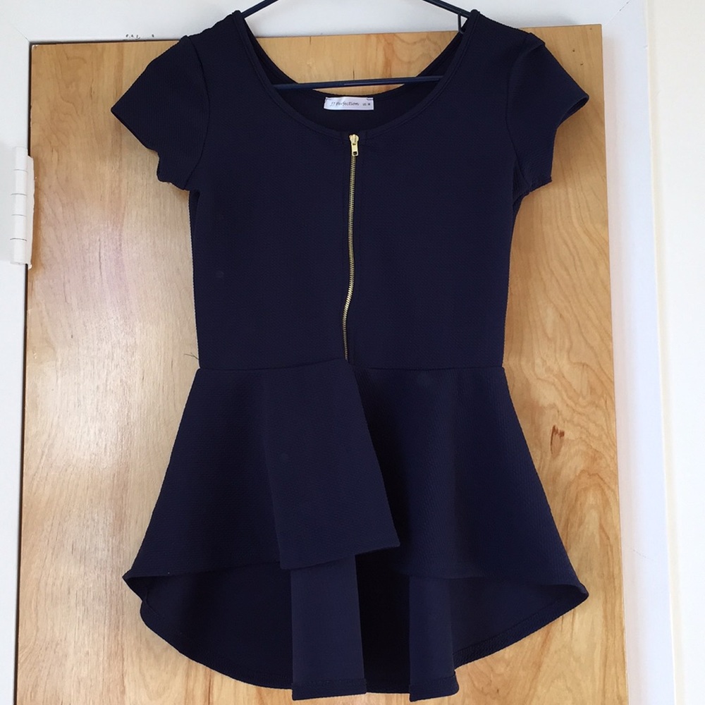 Navy Blue Zipper Front Peplum Top